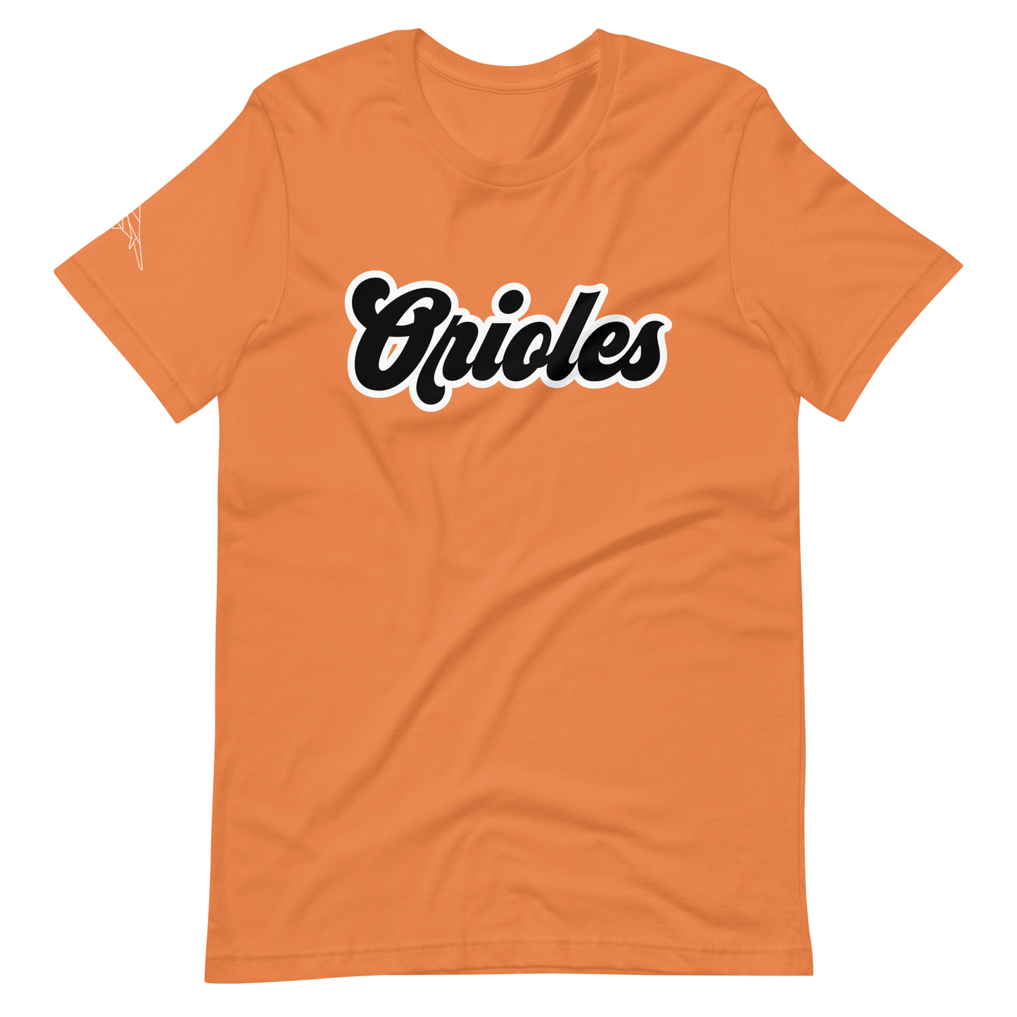 Burnt Orange St. Louis Park Orioles Park T shirt with geometric white bird on sleeve