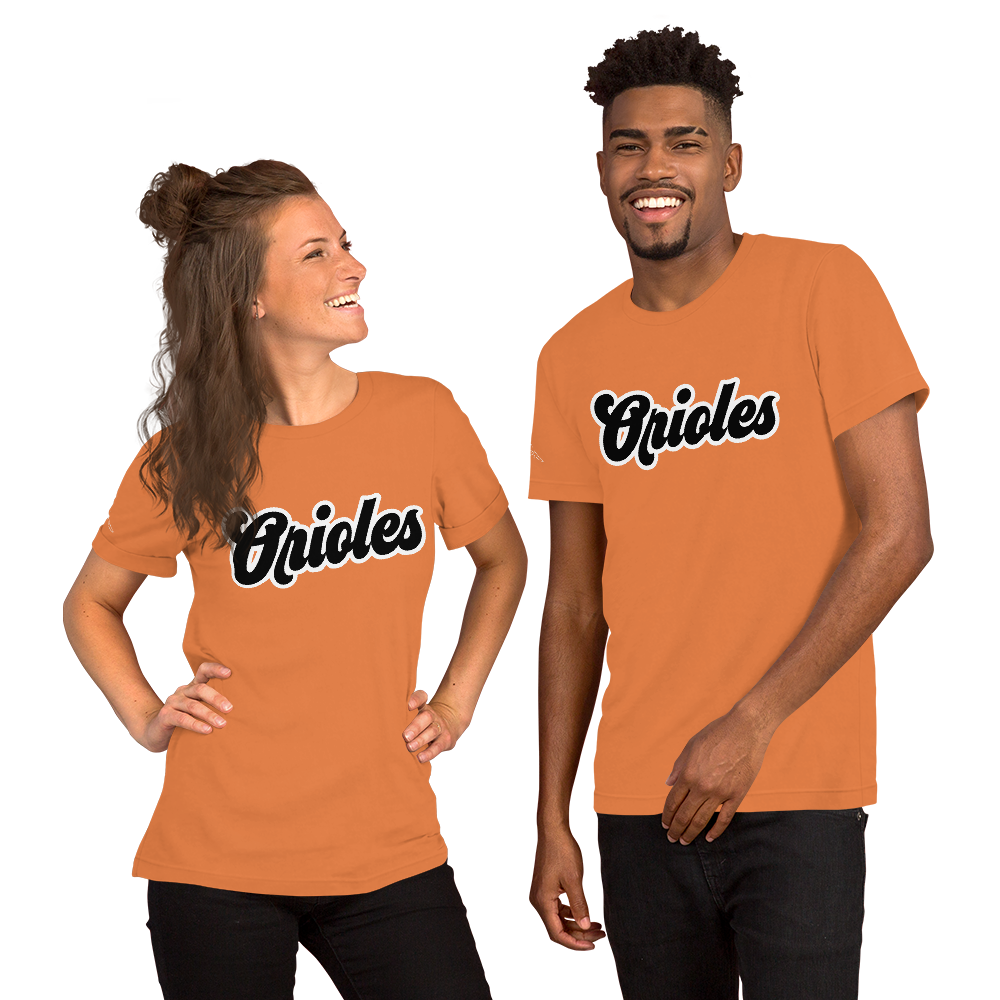 Burnt Orange St. Louis Park Orioles Park T shirt with geometric white bird on sleeve