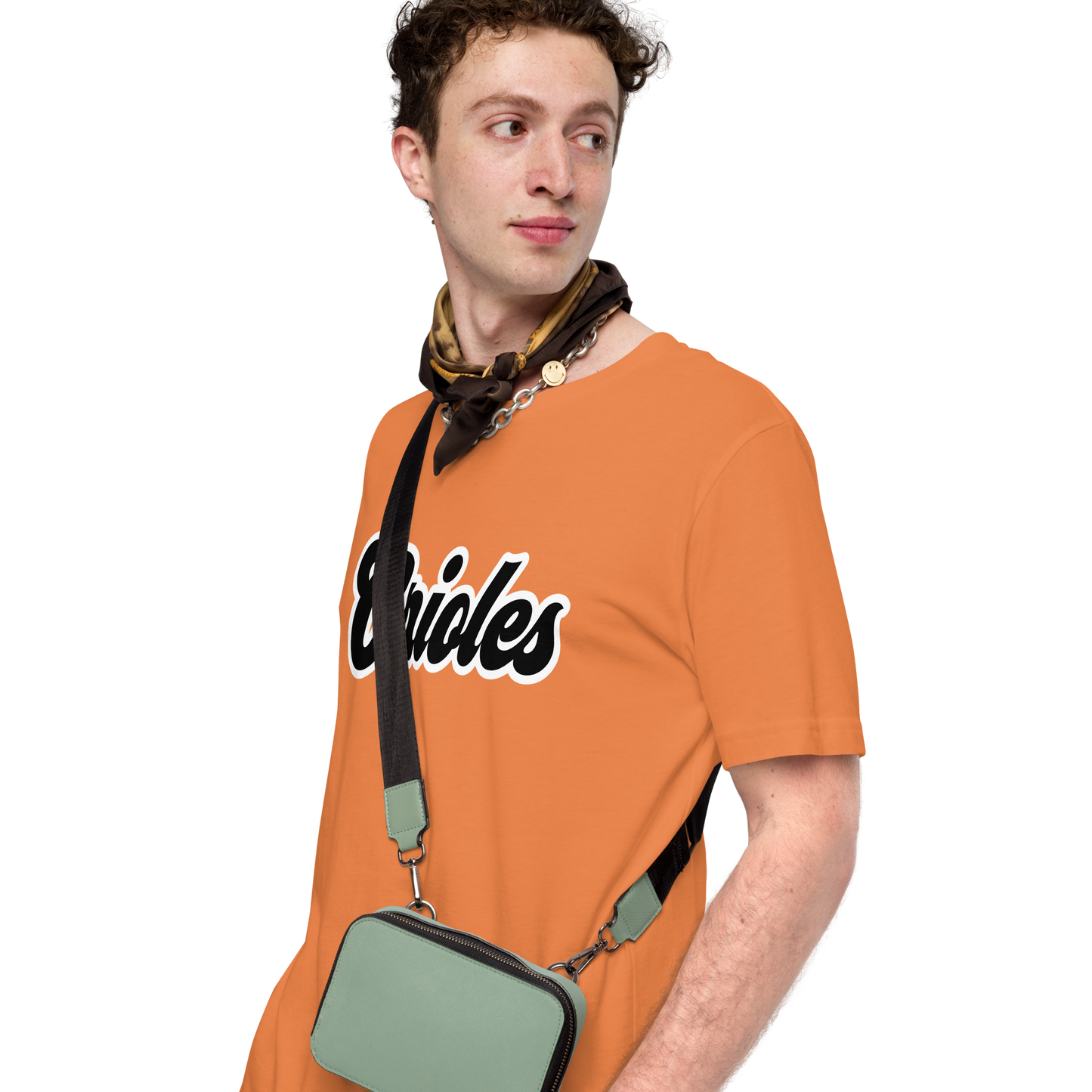 Burnt Orange St. Louis Park Orioles Park T shirt with geometric white bird on sleeve