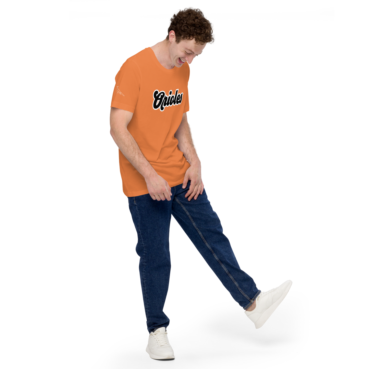 Burnt Orange St. Louis Park Orioles Park T shirt with geometric white bird on sleeve