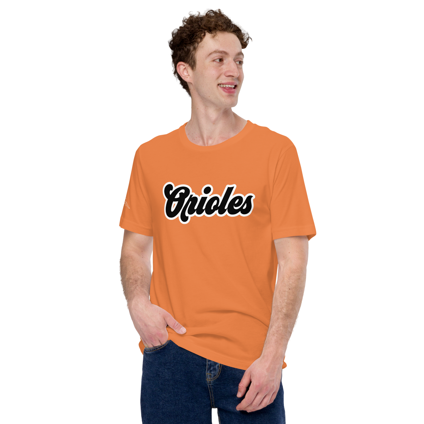 Burnt Orange St. Louis Park Orioles Park T shirt with geometric white bird on sleeve