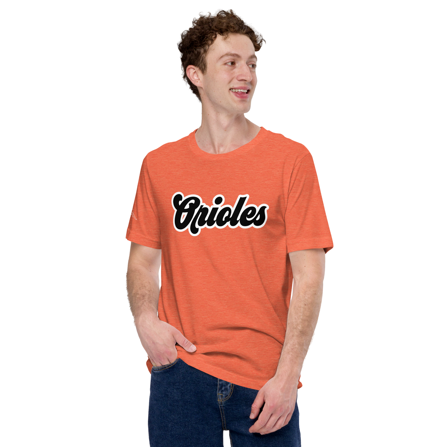 Heather Orange St. Louis Park Orioles Park T shirt with geometric white bird on sleeve
