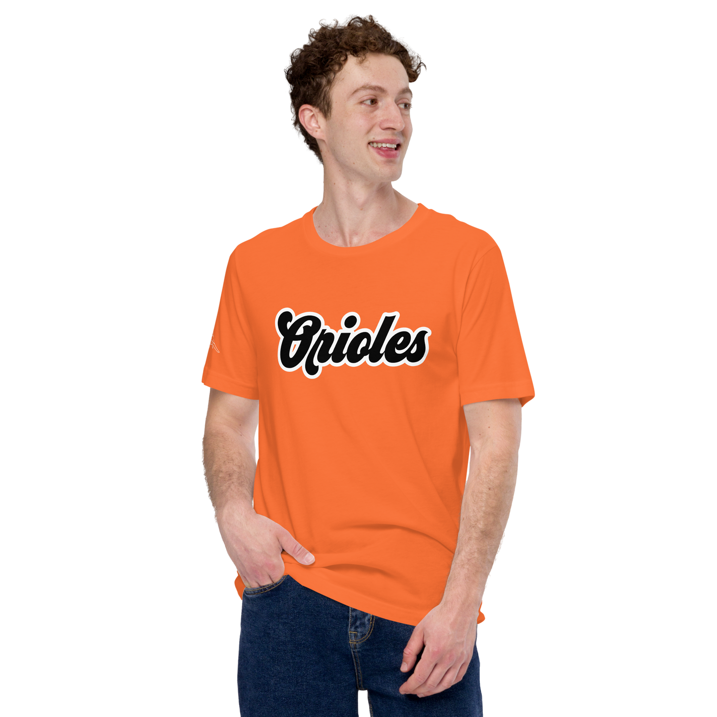 Orange St. Louis Park Orioles Park T shirt with geometric white bird on sleeve