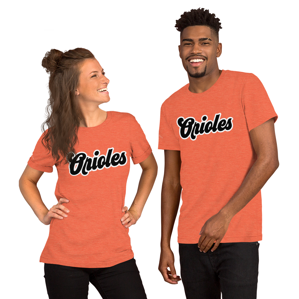 Heather Orange St. Louis Park Orioles Park T shirt with geometric white bird on sleeve