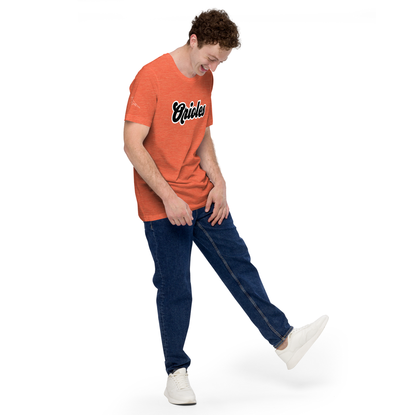 Heather Orange St. Louis Park Orioles Park T shirt with geometric white bird on sleeve