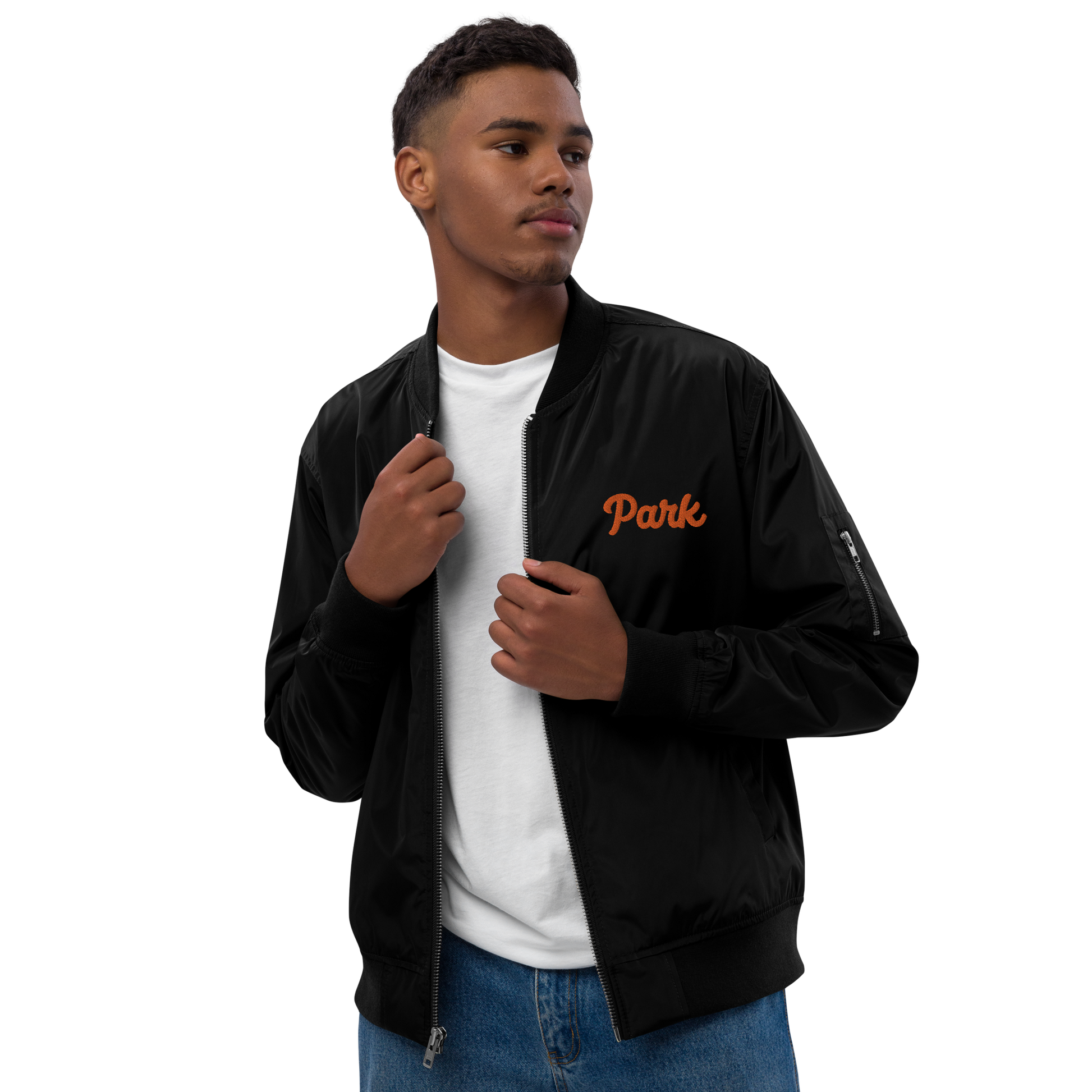 Black Recycled Bomber Jacket for St. Louis Park Orioles Schools with Orange Park Embroidery A