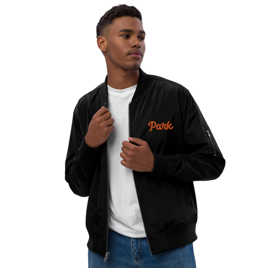 Black Recycled Bomber Jacket for St. Louis Park Orioles Schools with Orange Park Embroidery A