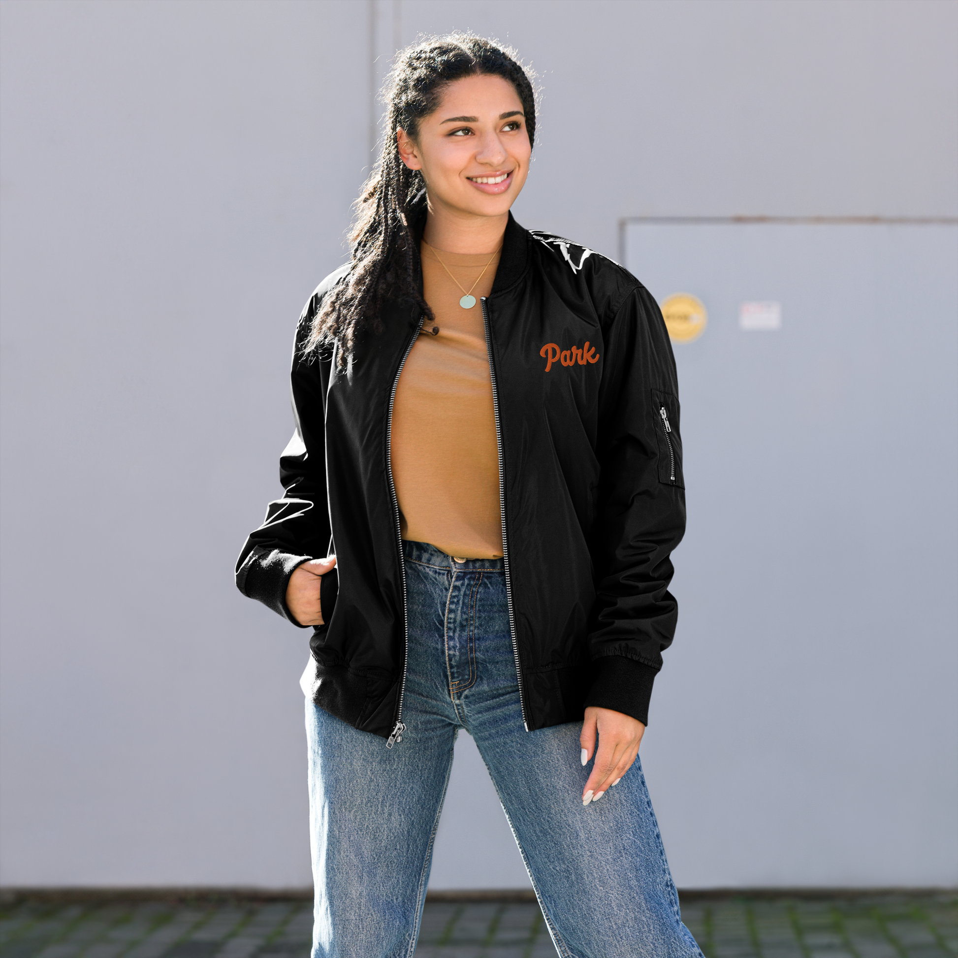 Black Recycled Bomber Jacket for St. Louis Park Orioles Schools with Orange Park Embroidery A