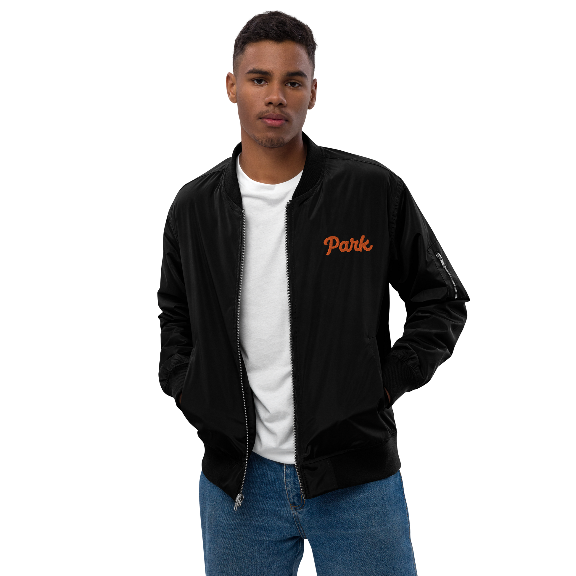 Black Recycled Bomber Jacket for St. Louis Park Orioles Schools with Orange Park Embroidery 
