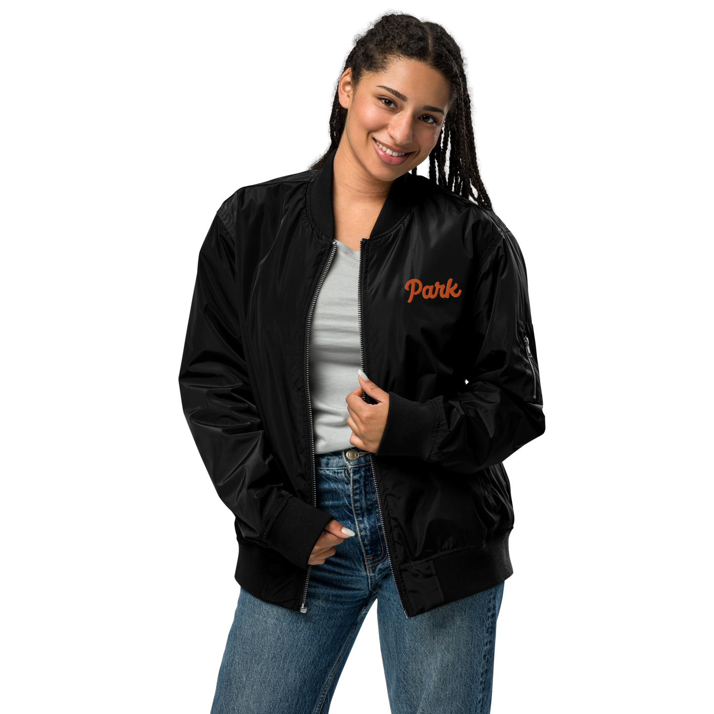 Black Recycled Bomber Jacket for St. Louis Park Orioles Schools with Orange Park Embroidery 