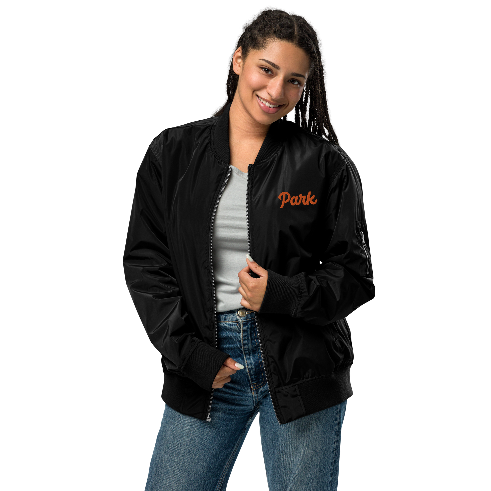 Black Recycled Bomber Jacket for St. Louis Park Orioles Schools with Orange Park Embroidery 