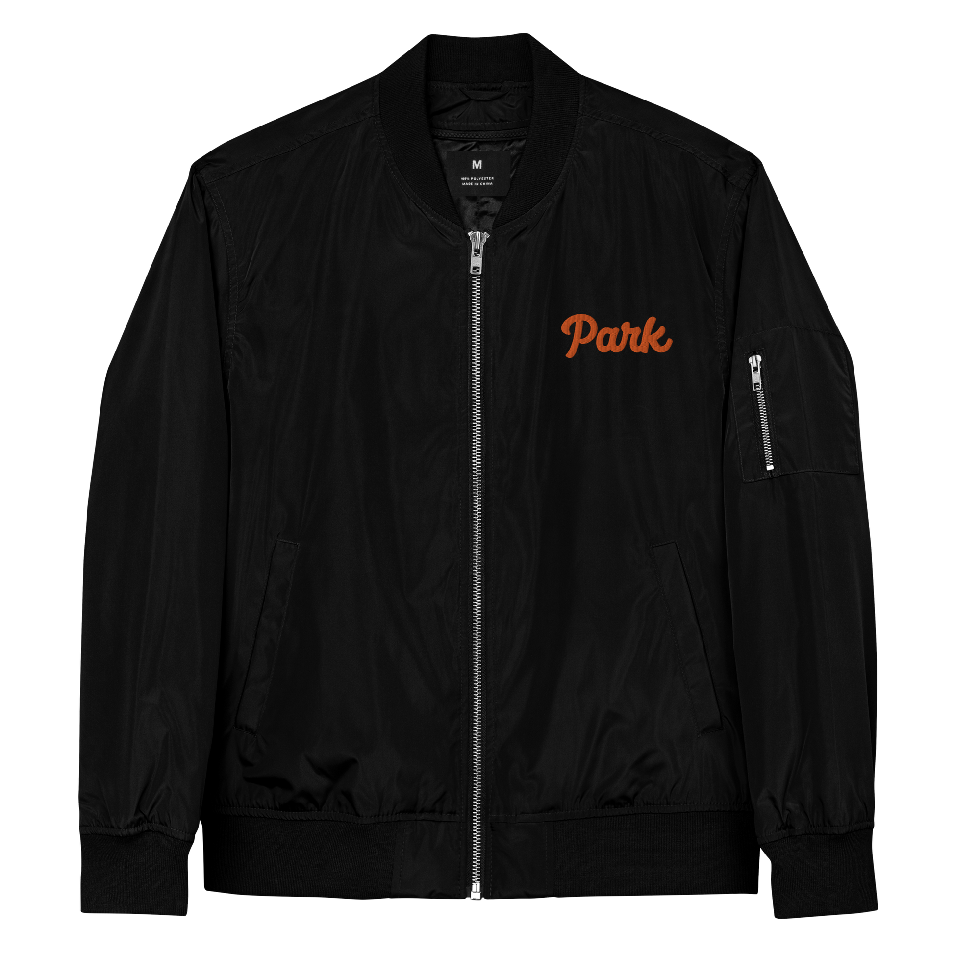Black Recycled Bomber Jacket for St. Louis Park Orioles Schools with Orange Park Embroidery 