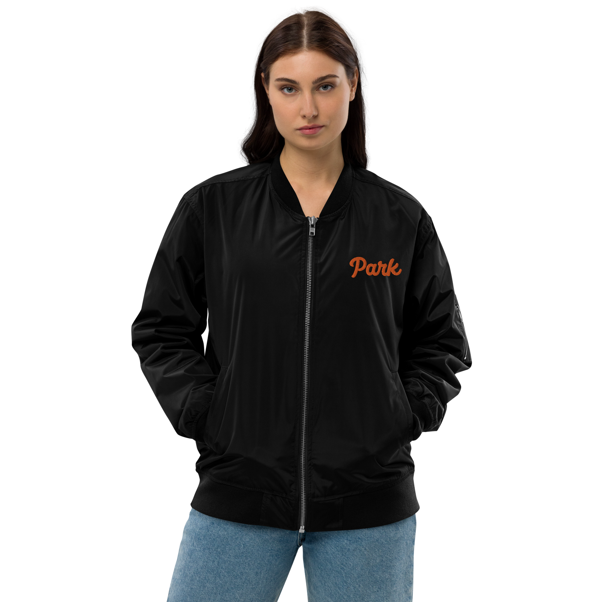 Black Recycled Bomber Jacket for St. Louis Park Orioles Schools with Orange Park Embroidery 