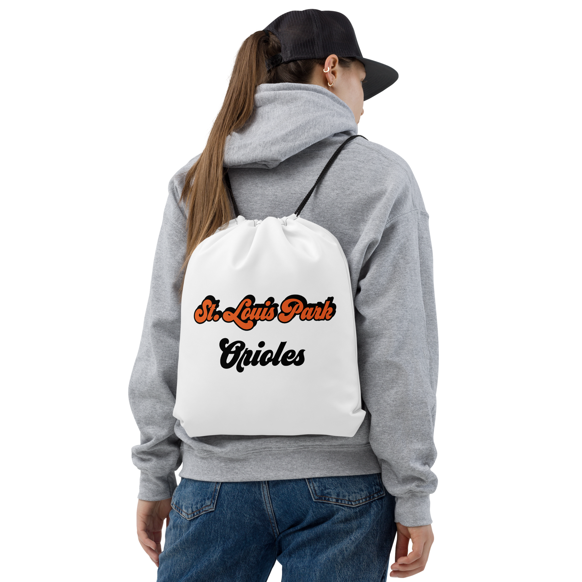 St. Louis Park Orioles Drawstring White Bag