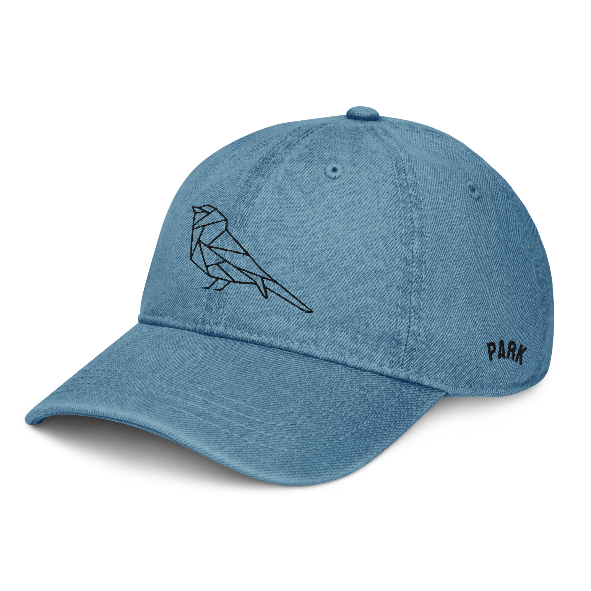 blue denim hat with embroidered geometric St. Louis Park Orioles